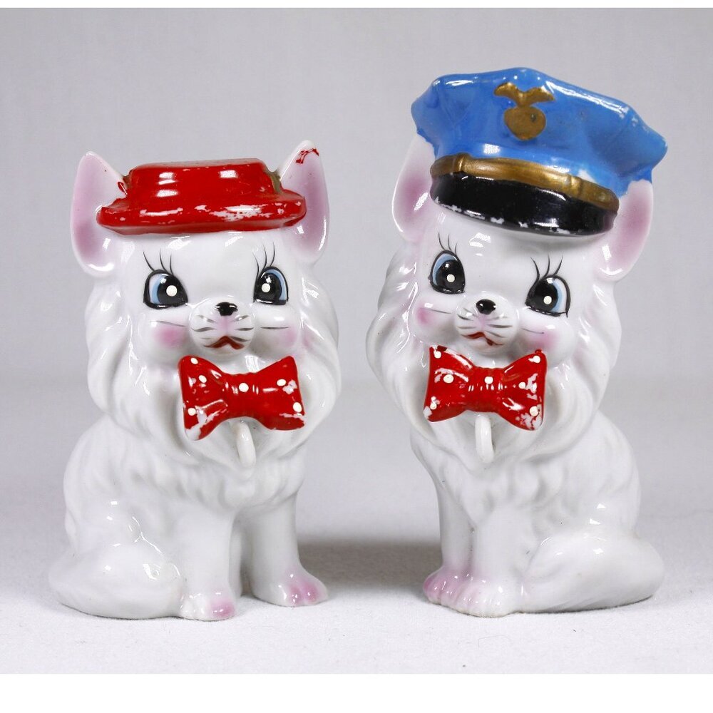Set of 2 MCM Arnart Japan bow tie cat figurines, anthropomorphic porcelain cats